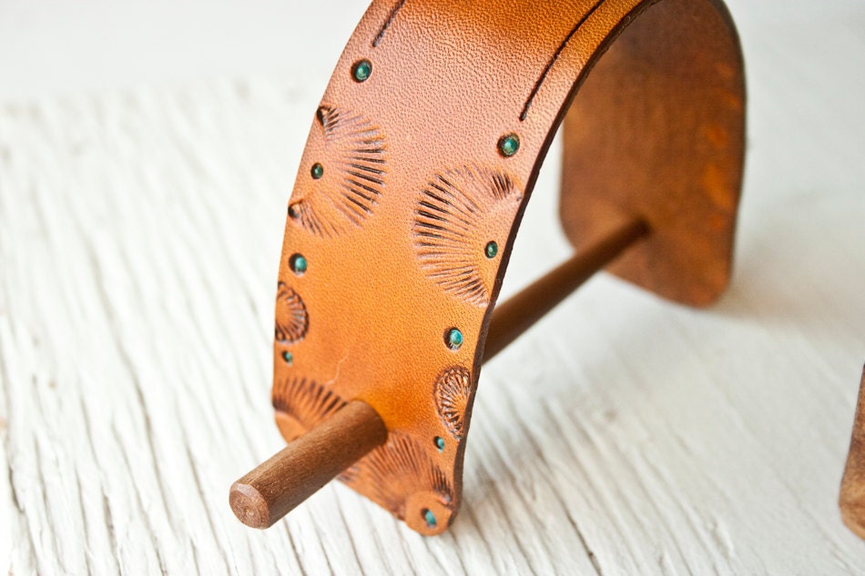 Leather Barrette and Teak Stick - Extra Long for Dreadlocks and Thick Hairstyles - Hand stamped, tooled and stained - Hair stick