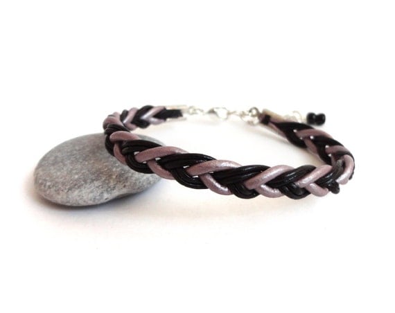 Braided rocker cuff bracelet purple metallic and black leather unisex for men and women ooak
