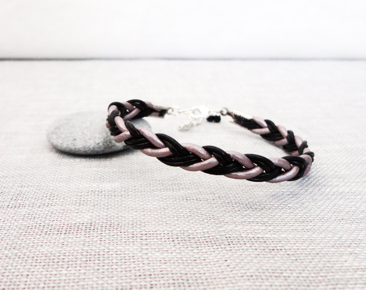 Braided rocker cuff bracelet purple metallic and black leather unisex for men and women ooak