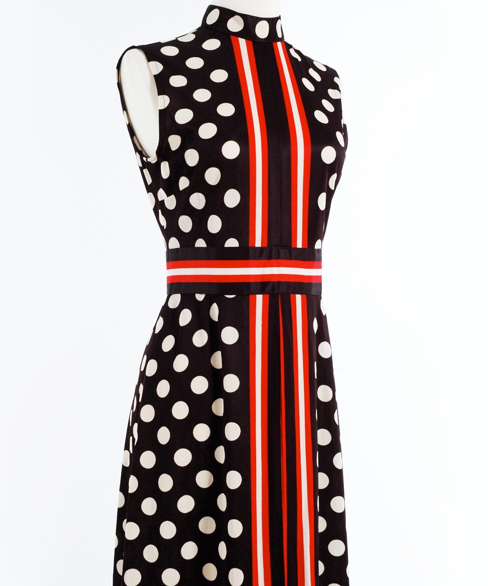 Vintage 60s POLKA DOT Art Deco Black White and Red Maxi Dress