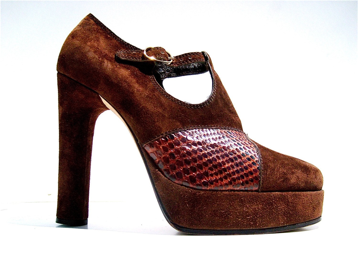 High heels pumps plateau vintage 70s brown python snakeskin leather unworn rare