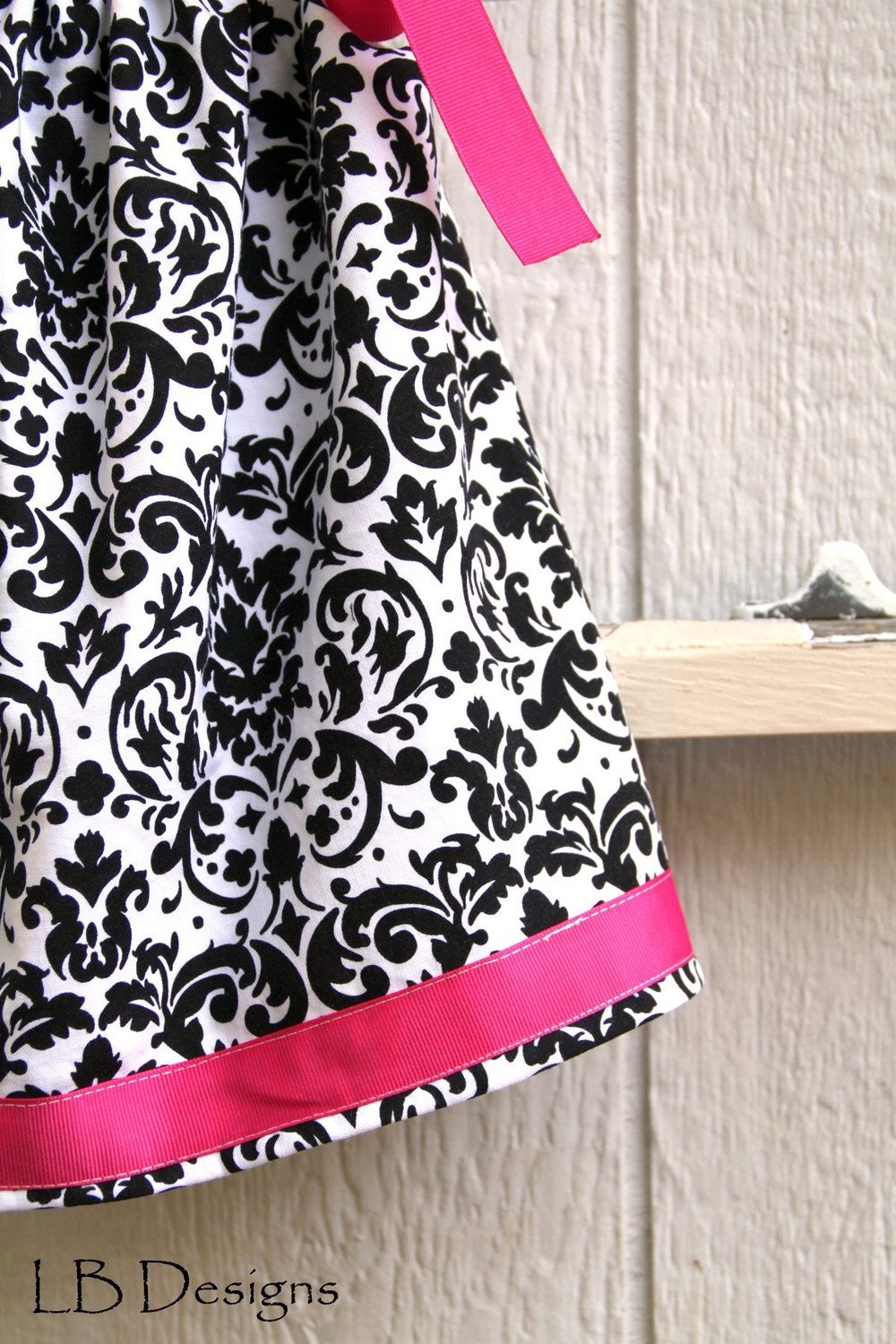Dress, White/Black Damask Pillowcase Dress with Hot Pink Ribbon
