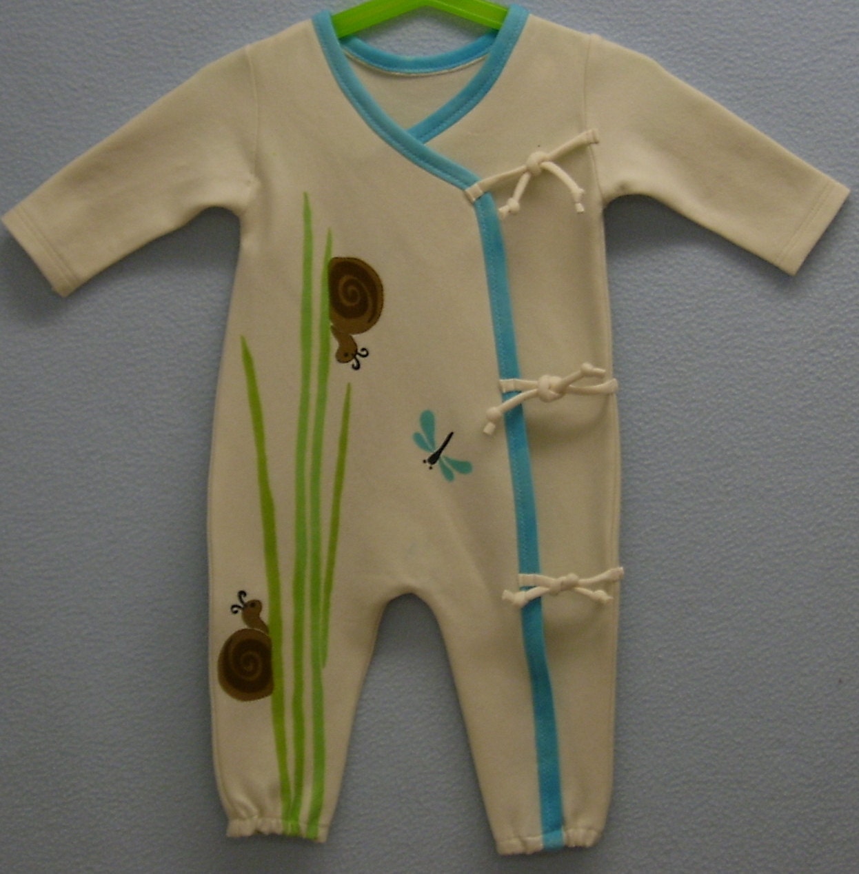 3-6mo. Organic Cotton Kimono Romper. Dragonflies, Wee Snails and Grasses.