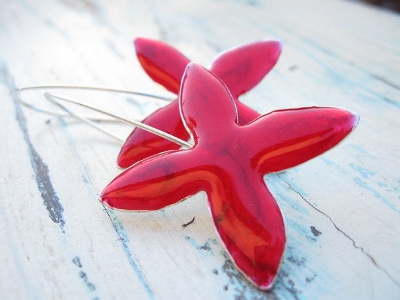Red Earrings Flower Resin and Sterling Silver-Four Petal - jewelrybymichal