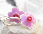Girls Earrings Sterling Silver  Little Flower with Pink resin and Red Beads
