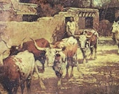 Old western print of a longhorn trail drive, cowboys driving a herd of cattle thru a Mexican pueblo town in the 1800s, Texas art, rugged and rustic on Etsy