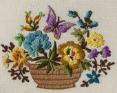 Vintage 1970s era needlepoint of spring flowers and a butterfly, bright and colorful spring wall decor, retro country on Etsy