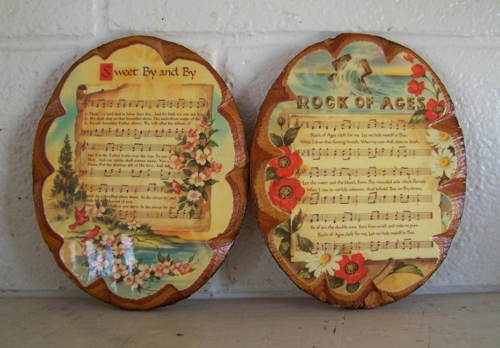 Pair of vintage decoupaged oval cedar wall plaques, hymns, Rock of Ages, Sweet By and By on Etsy
