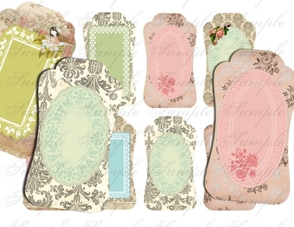 Vintage Birds Rose French Frame Tags - scrapbooking - digital collage sheet - paper goods