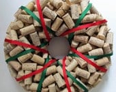 Wine Cork Wreath Wrapped with Red and Green Ribbon