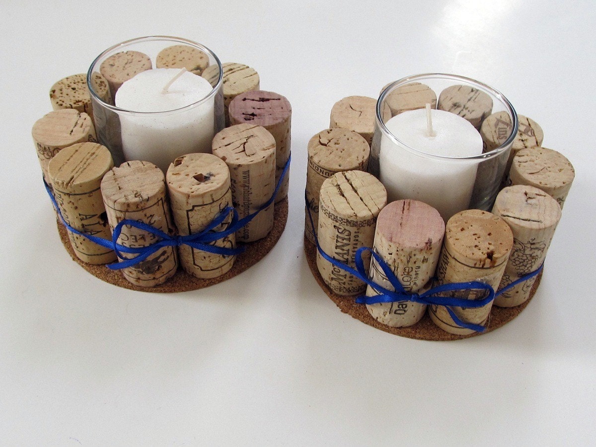 Wine Cork Votive Holders with Blue Ribbon-Set of Two