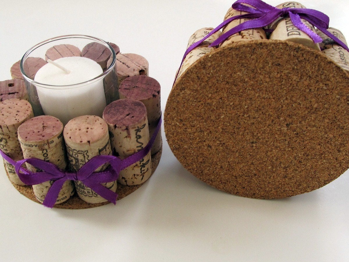 Wine Cork Votive Holders with Purple Ribbon-Set of Two- Wedding, Holidays, Hostess Gift, Romantic Dinner, Home Decor