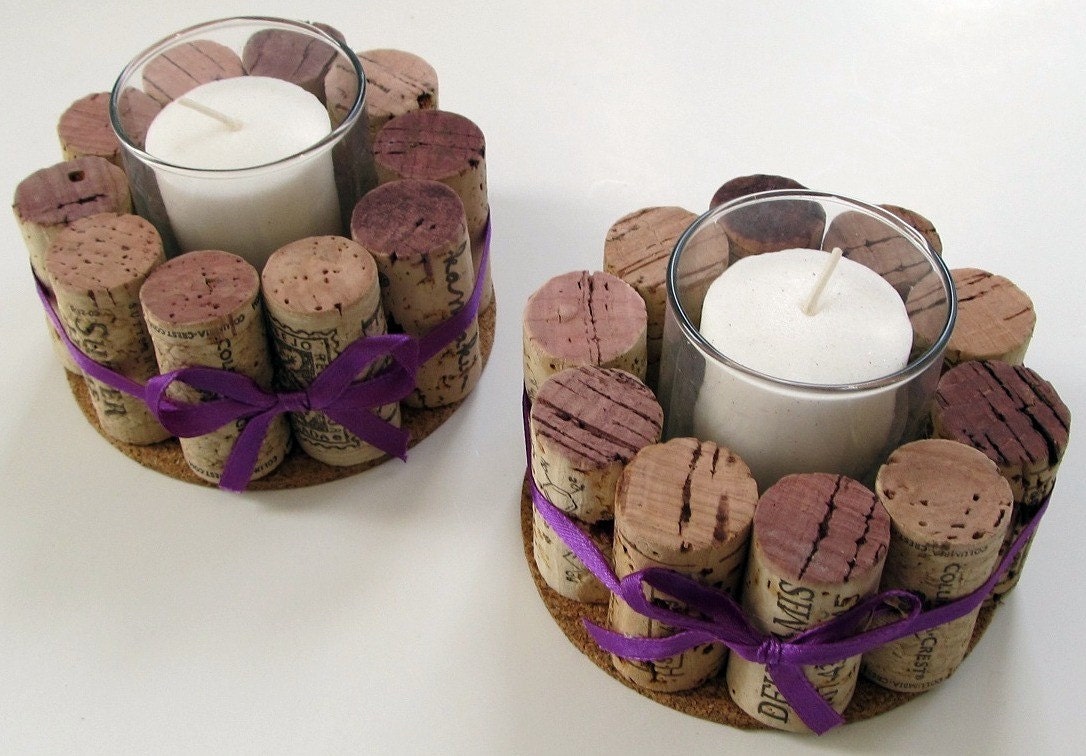 Wine Cork Votive Holders with Purple Ribbon-Set of Two- Wedding, Holidays, Hostess Gift, Romantic Dinner, Home Decor