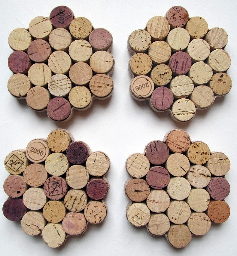 Honeycomb Wine Cork Coasters with Khaki Ribbon -Set of Four