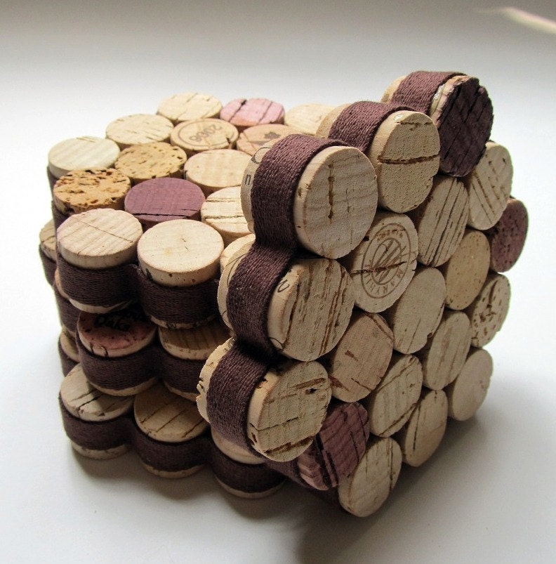 Honeycomb Wine Cork Coaster-Wrapped in Brown Ribbon-Set of Four Housewarming, Wedding, Hostess Gift, Summer Entertaining, Eco Friendly