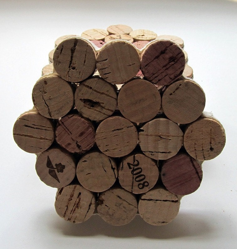 Honeycomb Wine Cork Coasters With Cream Ribbon-Set of Four - Housewarming, Wedding, Hostess Gift, Summer Entertaining, Eco Friendly