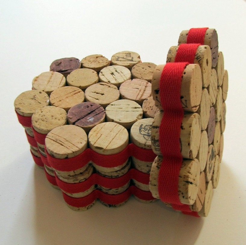 Honeycomb Wine Cork Coasters Wrapped in Red