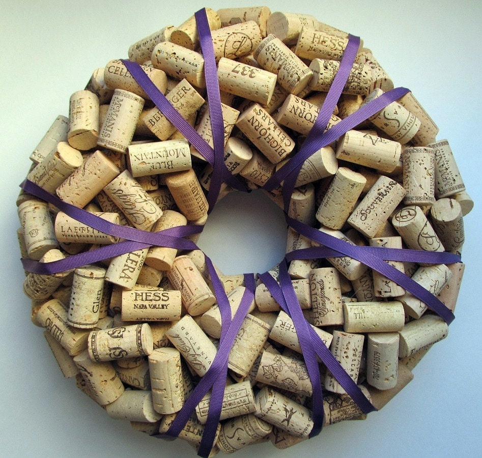 Wine Cork Wreath with Amethyst Ribbon