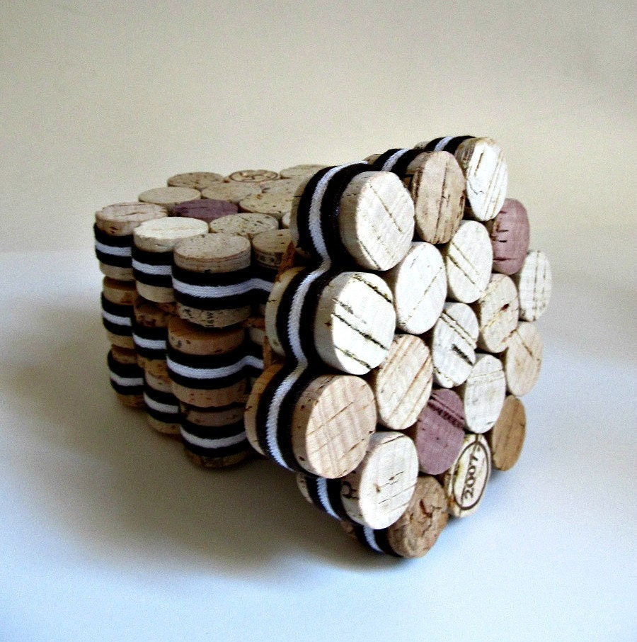 Honeycomb Wine Cork Coasters with Vintage Brown and White Striped Ribbon