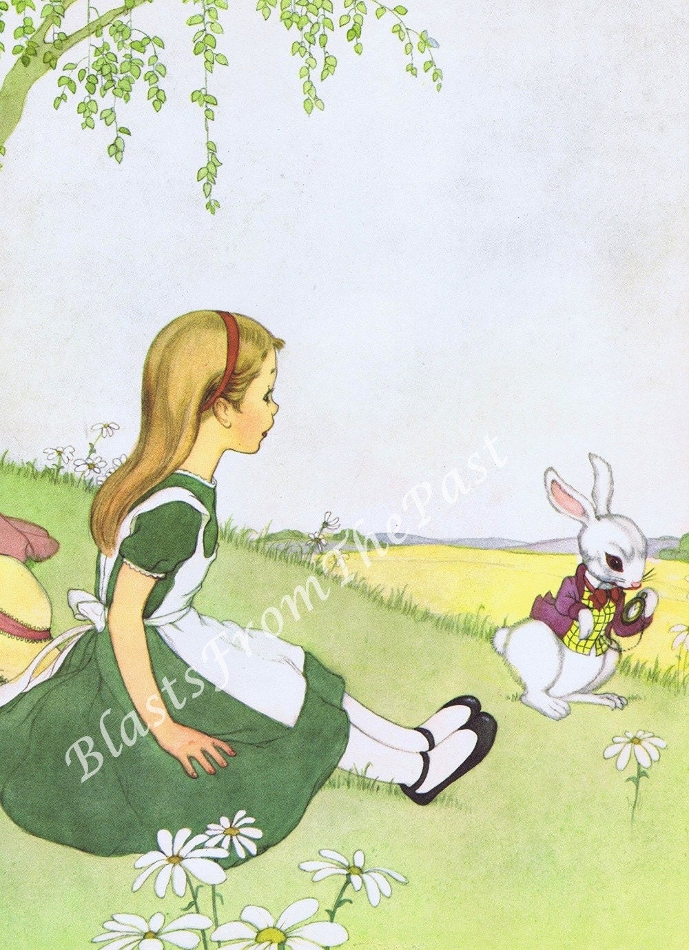 Vintage ALICE IN WONDERLAND Print -- 'Alice with White Rabbit', Adorable, Perfect for Framing, Nursery, Kids Room