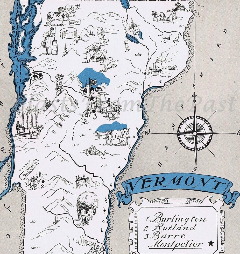 Vintage VERMONT Map, Charming, Adorable, Beautifully Illustrated, Whimsical, Fun, Perfect for framing, Other States Available, Atlas