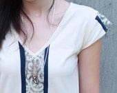 Boho lace tunic - modern southewestern fashion, neutral ivory cotton jersey and navy blue trim - medium