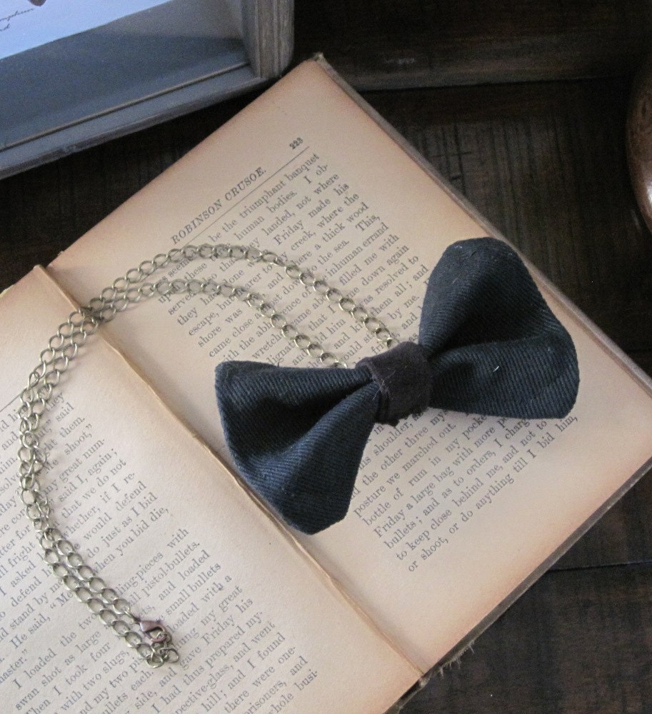 Tuxedo Bow tie necklace - Dapper black bowtie made from upcycled fabric