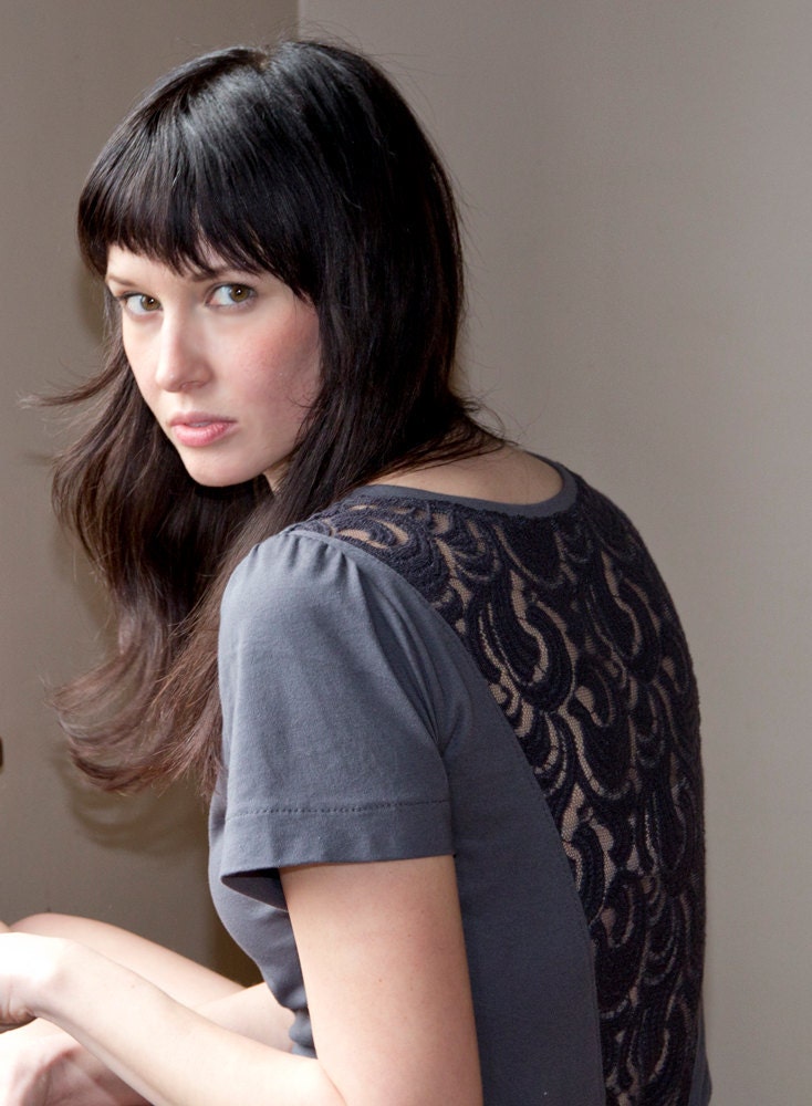 Storm grey lace shirt - sheer bohemian long lace tunic, classic cut with boat neck and short sleeves - small