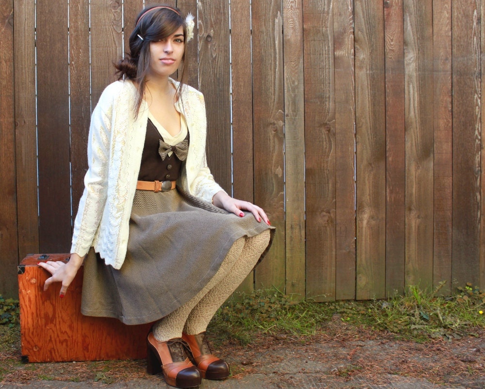 Summer Tuxedo Dress - brown and cream, bow tie, vintage style, small medium large