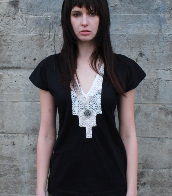 Geometric lace shirt - modern bohemian tunic with loose fit made from night black jersey - small