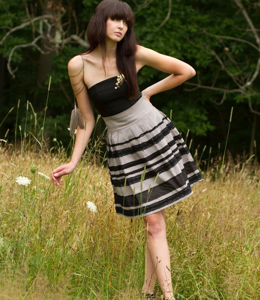 Playful Lace Skirt - pleats, black and grey, high waist - small medium large