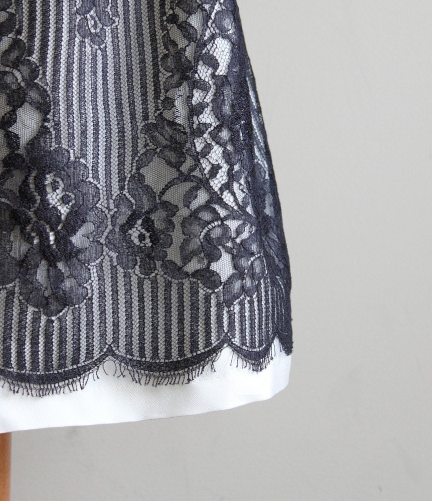 Lace dress - vintage style with one shoulder cut, ivory jersey and black lace - small medium large