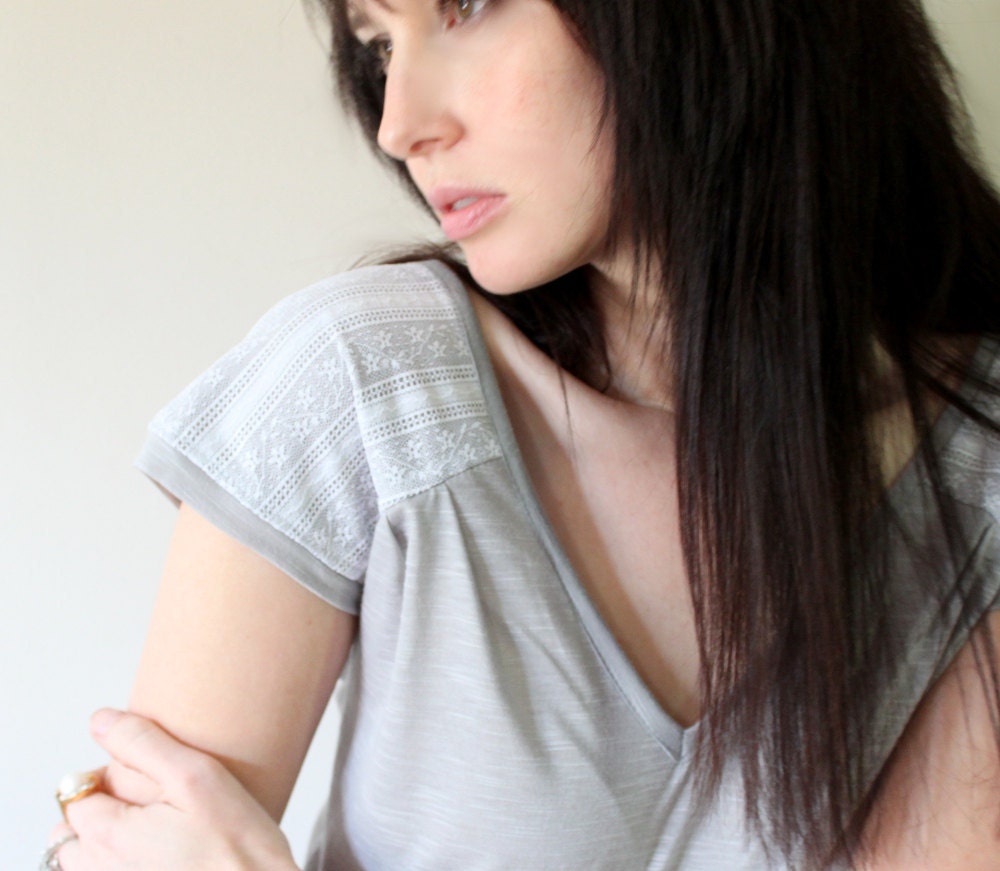 Ocean grey tunic - deep v-neck with white lace accents, simple minimalist women's shirt -  medium