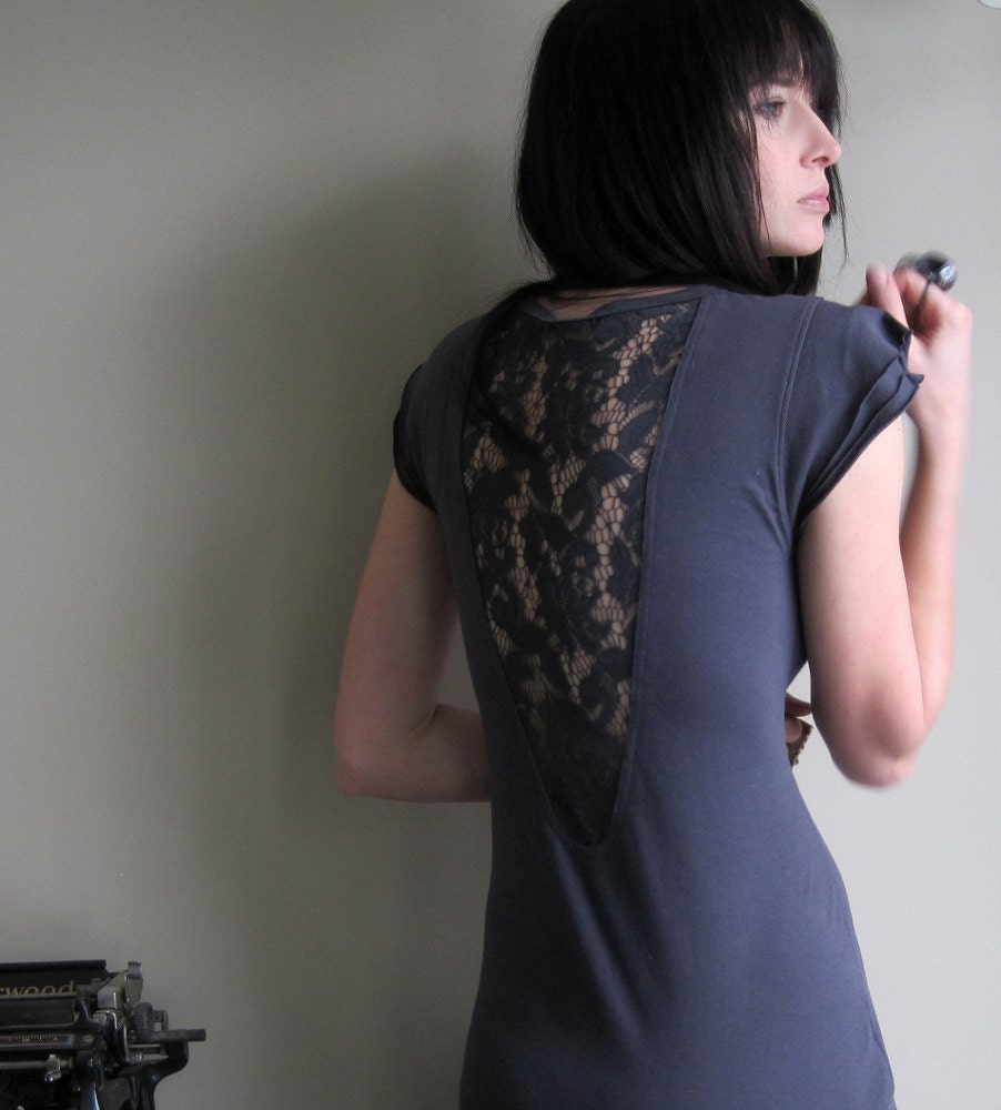 Ill-advised Rendezvous - Steel gray cutout lace shirt ruffle sleeve - small medium large