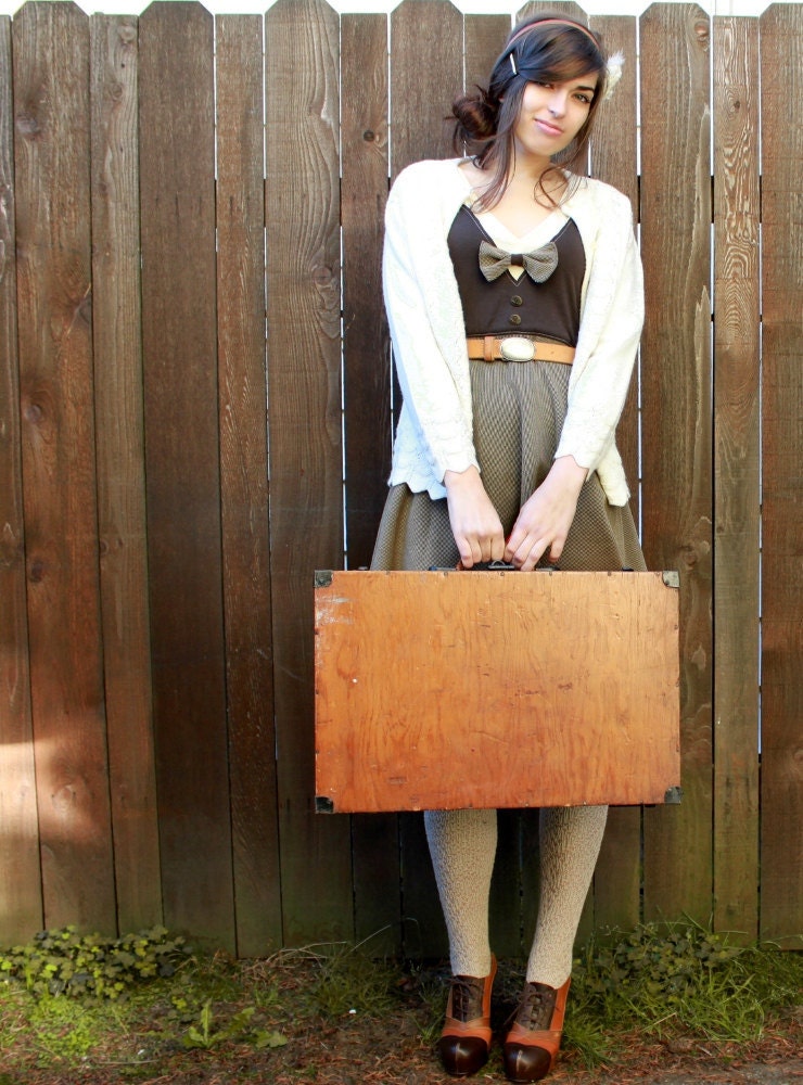 Summer Tuxedo Dress - brown and cream, bow tie, vintage style, small medium large