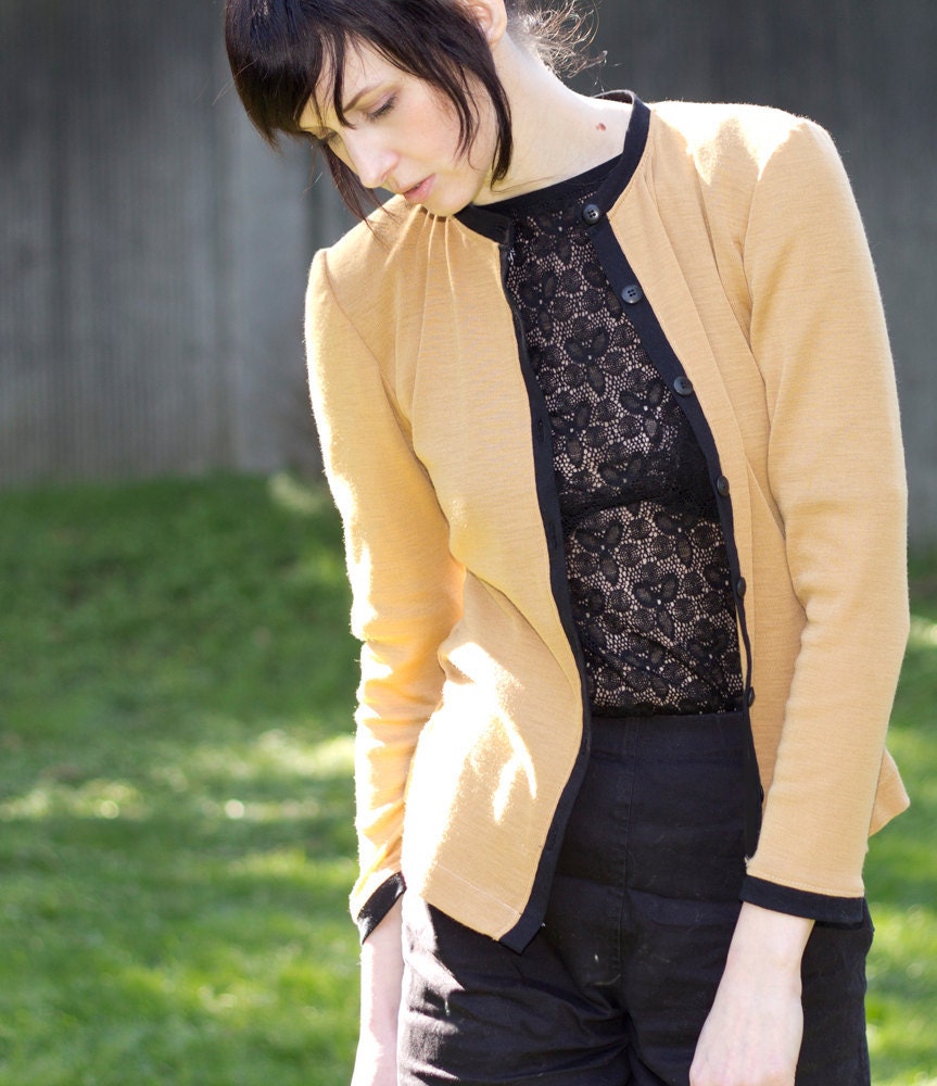 College cardigan - autumn yellow sweater with black trim, football game preppy style - small