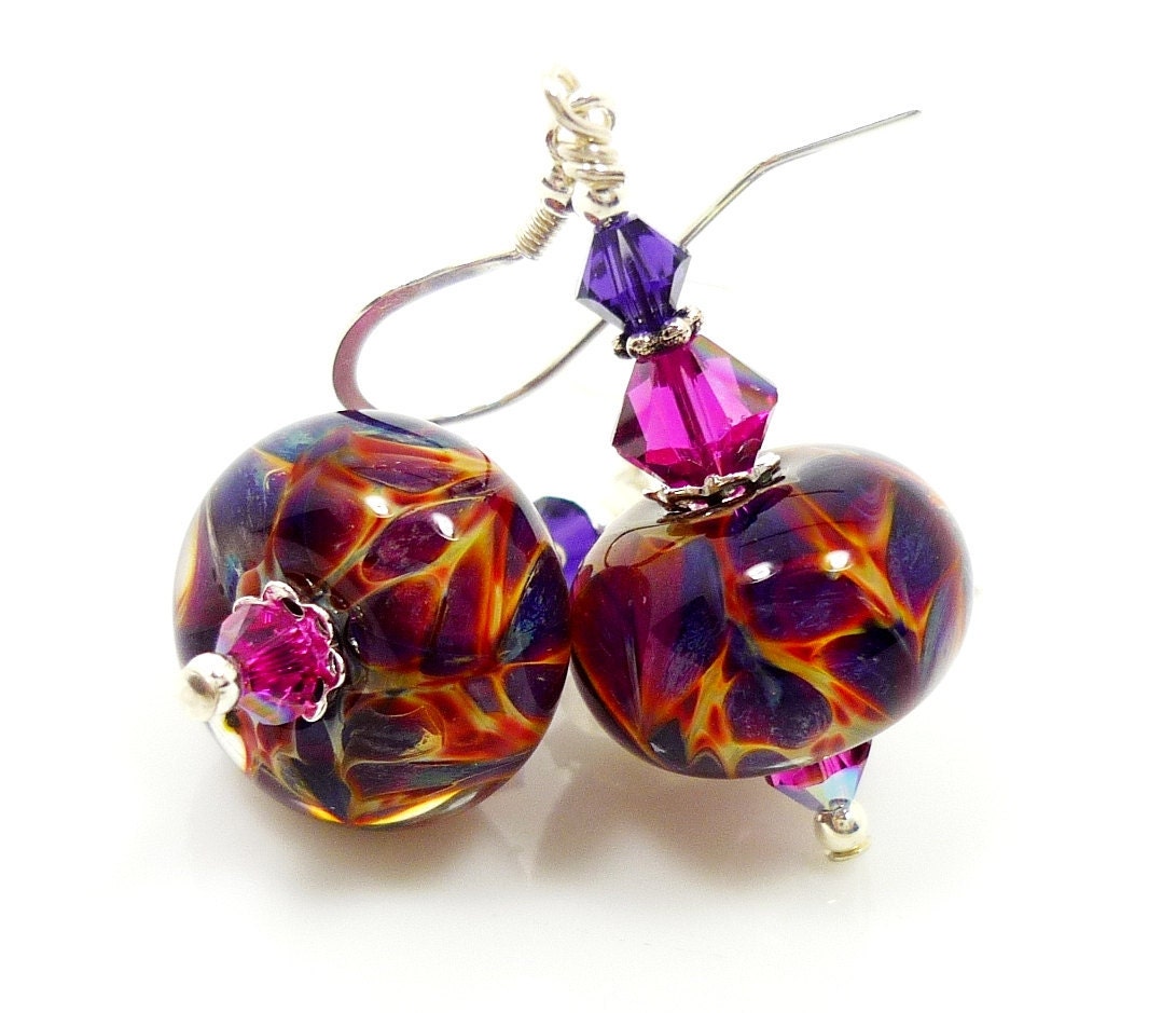 Purple Pink Yellow Earrings, Boro Earrings, Lampwork Earrings, Glass Bead Earrings, Beadwork Earrings