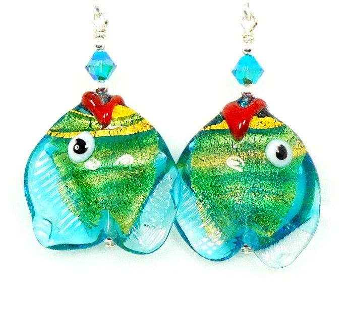 Fish Earrings, Venetian Murano Glass Fish Earrings, Fish Lampwork Earrings, Glass Fish Earrings, Beadwork Earrings