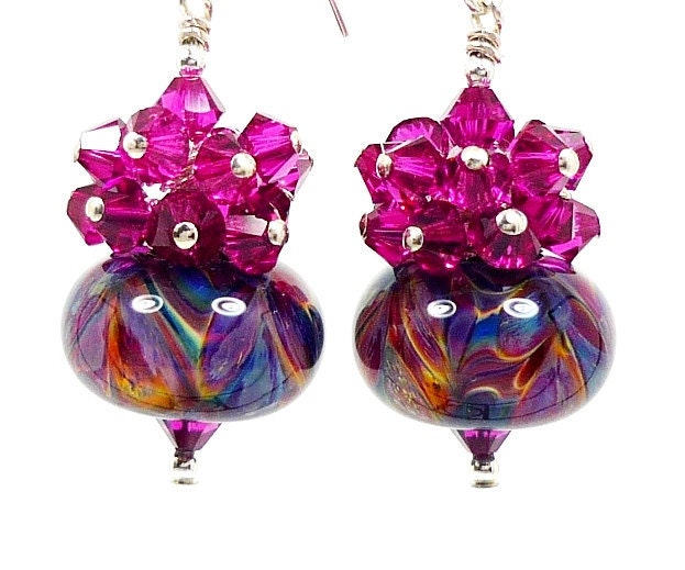Hot Pink Purple Blue Glass Earrings, Boro Lampwork Earrings, Crystal Cluster Earrings, Glass Bead Earrings, Beaded Earrings