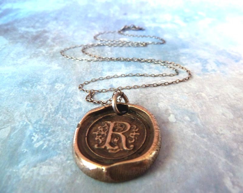 Bronze Wax Seal Monogram Necklace. Custom Initial. Antiqued Vintage Inspired Hand Stamped Jewelry