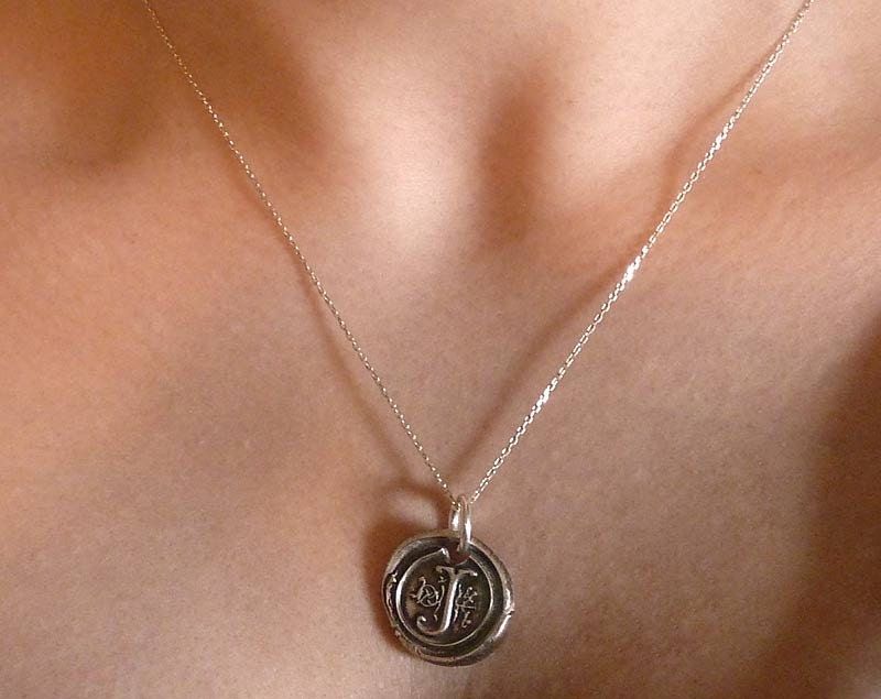 Initial Wax Seal Necklace. Fine Silver Monogram Pendant. Bridesmaid's Gift Jewelry