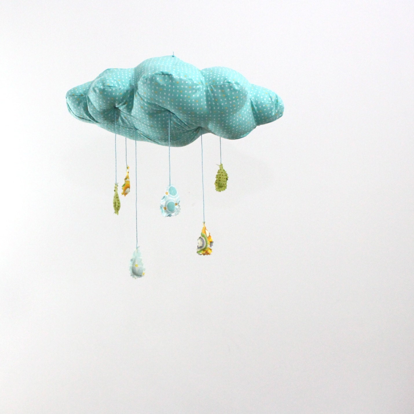 Fabric Cloud Mobile - Nursery Decor for Baby - Raindrops keep falling on my head in turquoise, sunny yellow and aqua