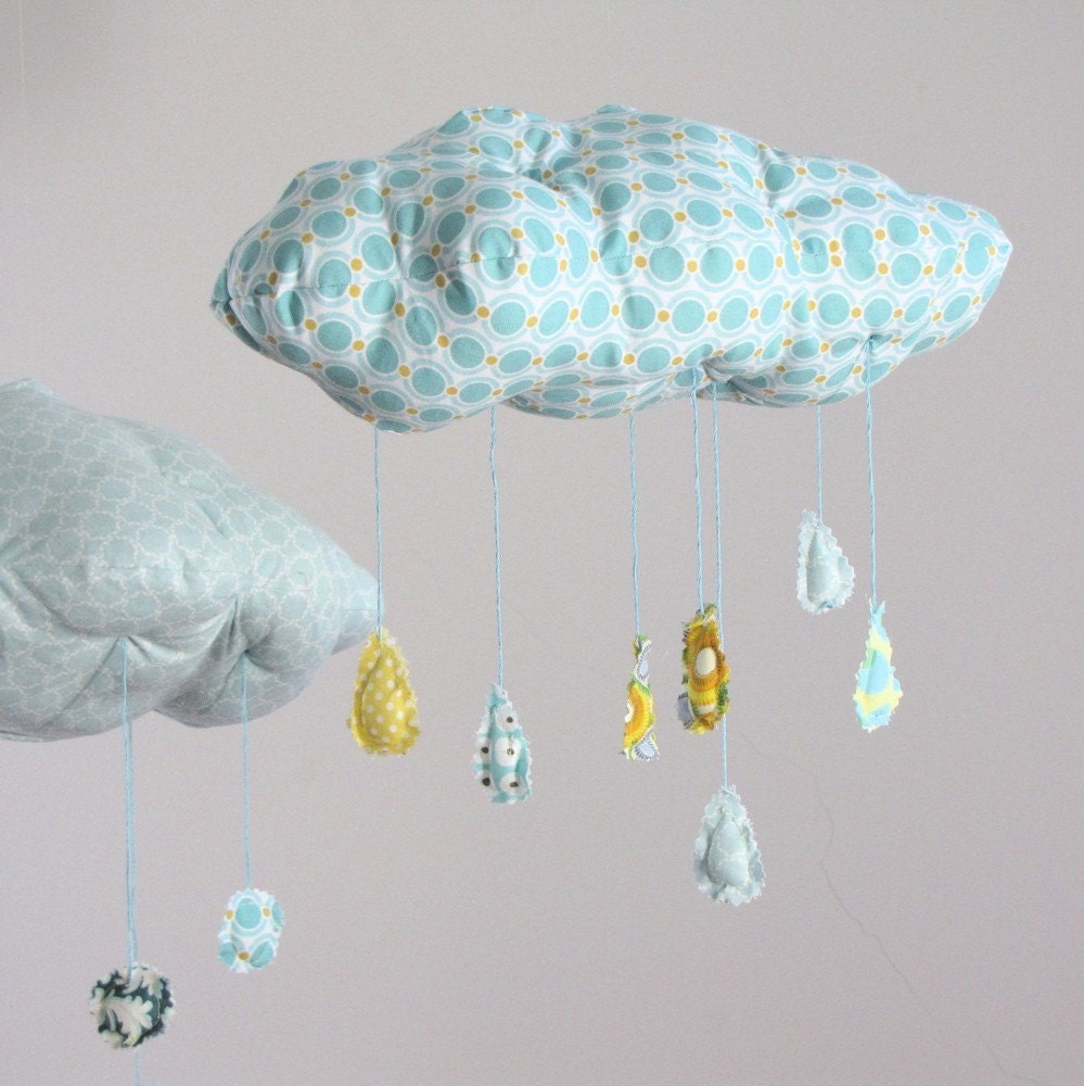 Raindrops keep falling on my head - cloud fabric mobile in baby blue, lemon yellow, and a touch of grass green