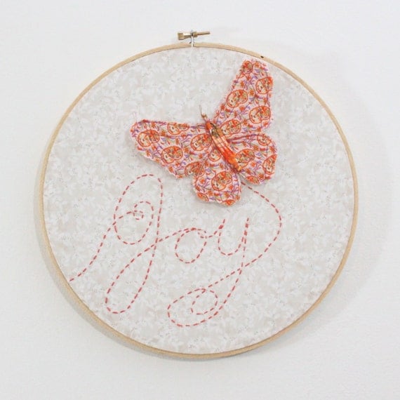 Butterfly Embroidery Hoop - Joy Flutters In - hand embroidered 10" wall hanging in peach, coral pink, beige, white, and lilac
