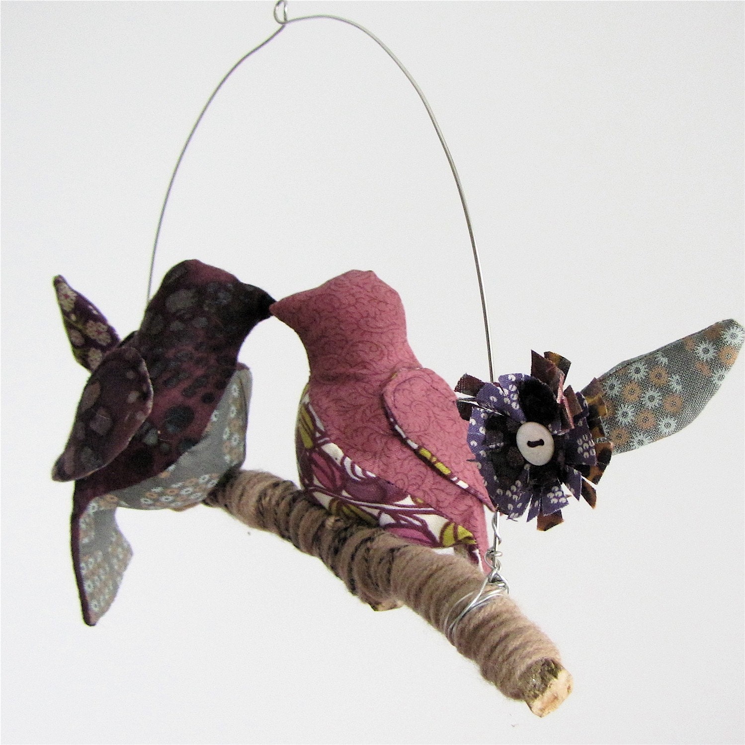 SALE Love Bird Mobile on yarn wrapped branch in plum purple, silver, and snow white.