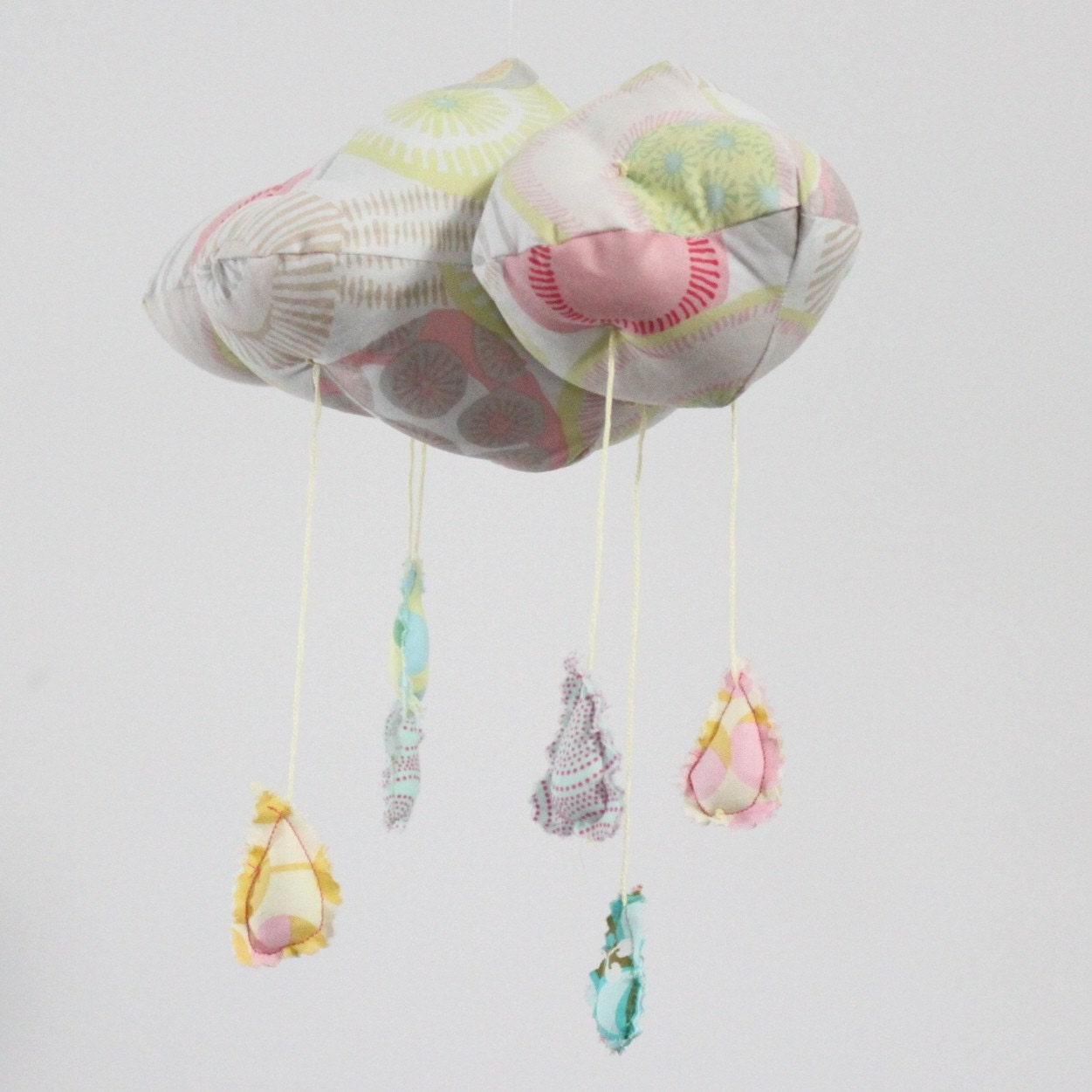 Petite Fabric Cloud Mobile - "Raindrops keep falling on my head" in snowy white, sunny yellow, pale candy pink and gray