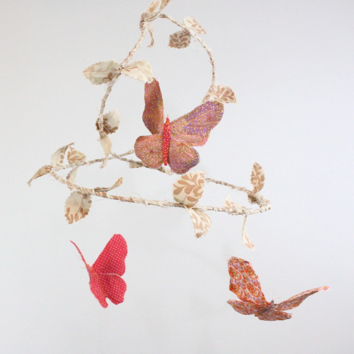 Butterfly Mobile - Modern Baby Nursery Decoration in pale pink, strawberry red, peach, cream, lavender, and white