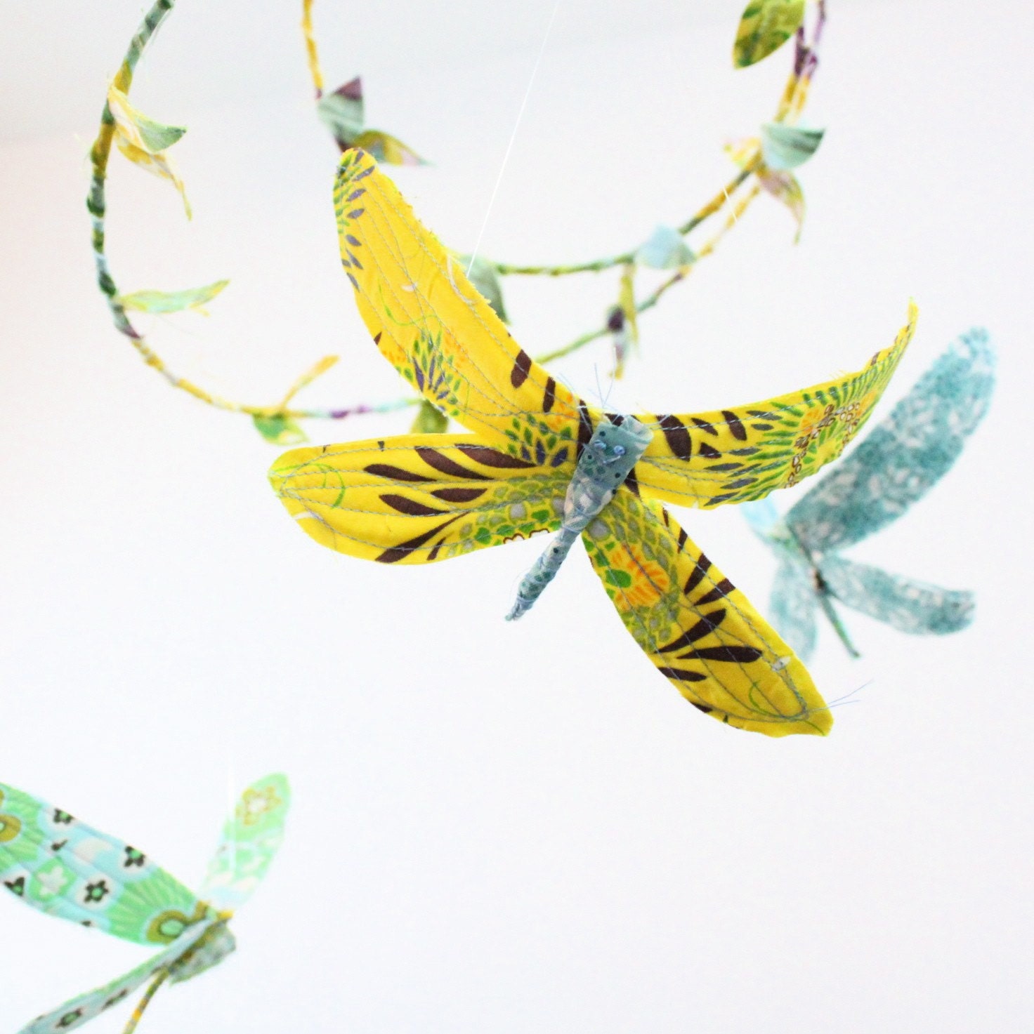 Dragonfly mobile - 3 dragonflies dream of spring in sunshine yellow, lavender purple, aquamarine, sky blue, sea foam green, white