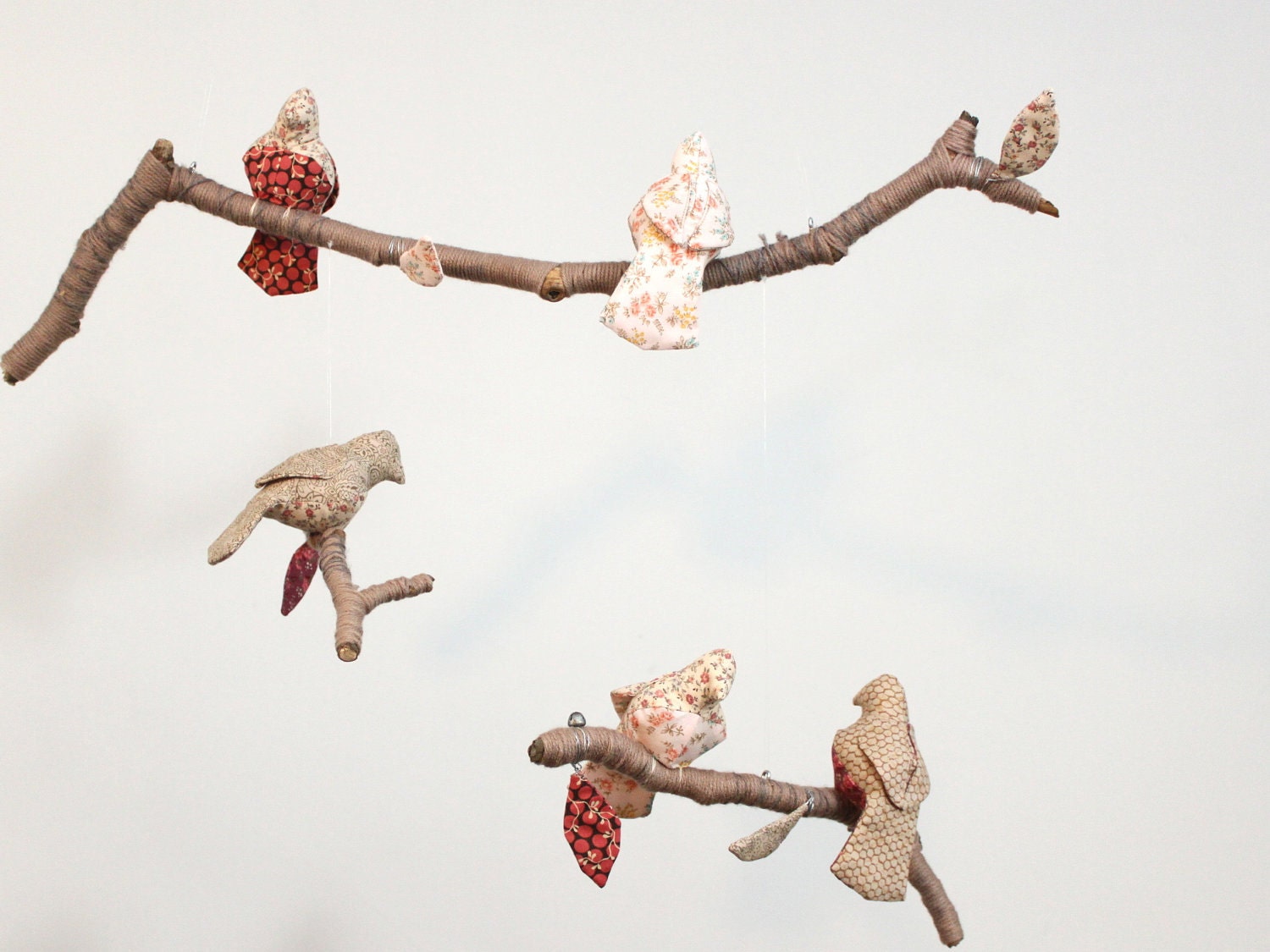Modern Bird Mobile - 5 little birds told me - fabric sculpture on yarn wrapped branches in honeysuckle, rose, carmel, coffee brown, cream