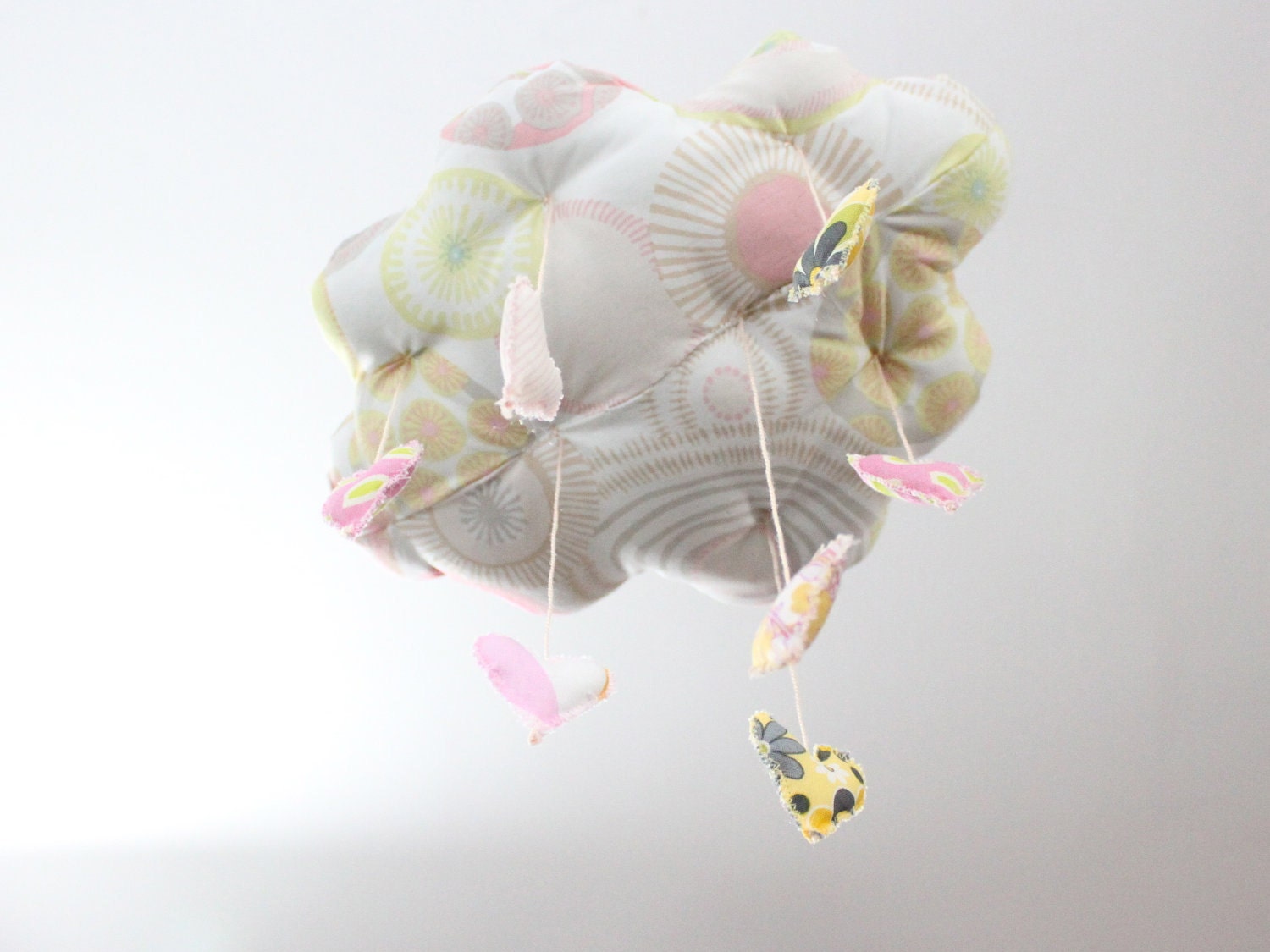 My Sweet Heart Cloud Mobile - LAST ONE in limited edition fabric sculpture decoration for nursery in pink, grey,white and lemon yellow